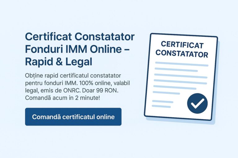 Obține rapid online Certificat Constatator Fonduri IMM pentru doar 99 RON! Iconiță certificat și buton pentru comandă simplă și rapidă direct de pe site.