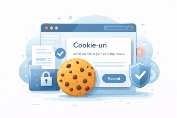 Ilustrație &icirc;n limba rom&acirc;nă a unei ferestre pop-up de consimțăm&acirc;nt pentru cookie-uri pe un site web, cu un grafic mare de cookie-uri, o pictogramă de blocare, documente și simboluri de scut.