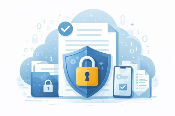 Ilustrație a securității digitale cu documente, un scut și un lacăt, un smartphone și pictograme cloud, simboliz&acirc;nd protecția datelor și confidențialitatea.