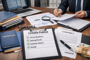 Un birou cu documente etichetate "Licitație Publică" și "Contract", certificate, bancnote euro, o lupă și o persoană care semnează documente.