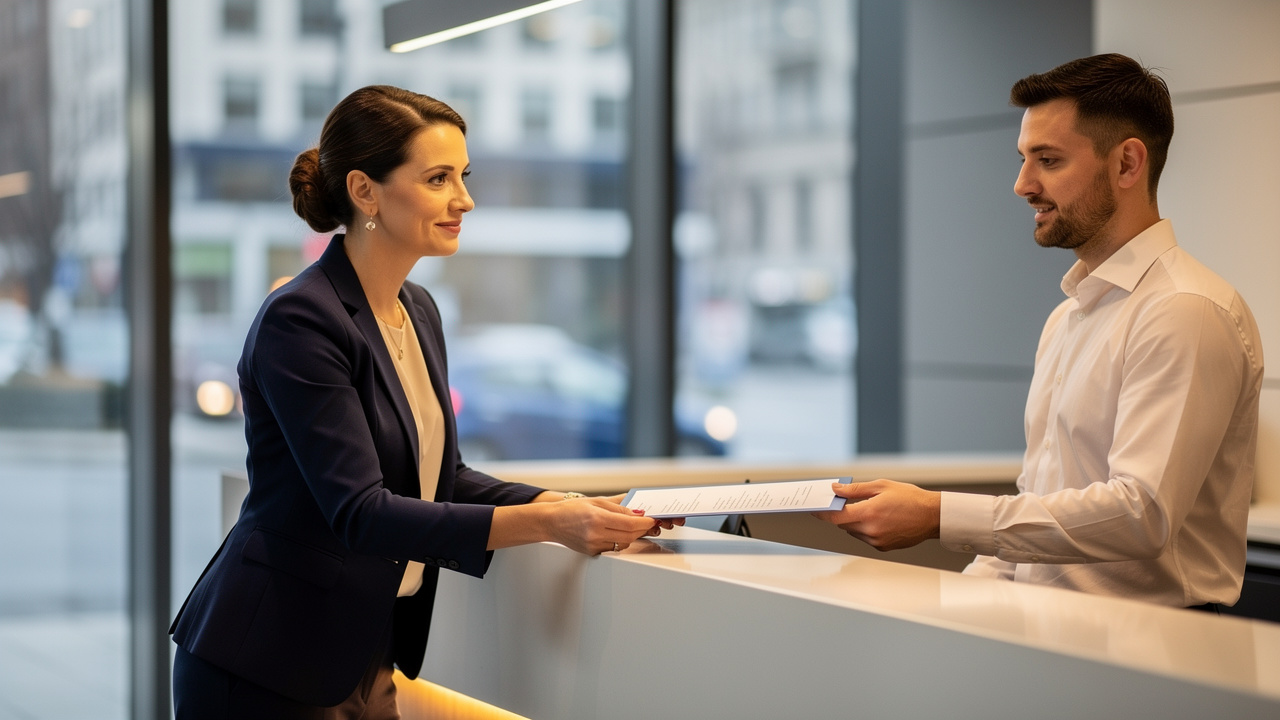 O femeie &icirc;n ținută de afaceri &icirc;nm&acirc;nează un certificat constatator punct de lucru unui bărbat la recepția unui birou modern cu ferestre mari &icirc;n fundal.