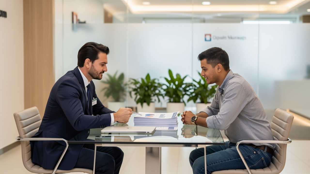 Doi bărbați stau față &icirc;n față la un birou modern și analizează documente cu grafice, fotografii și un certificat constatator firma.