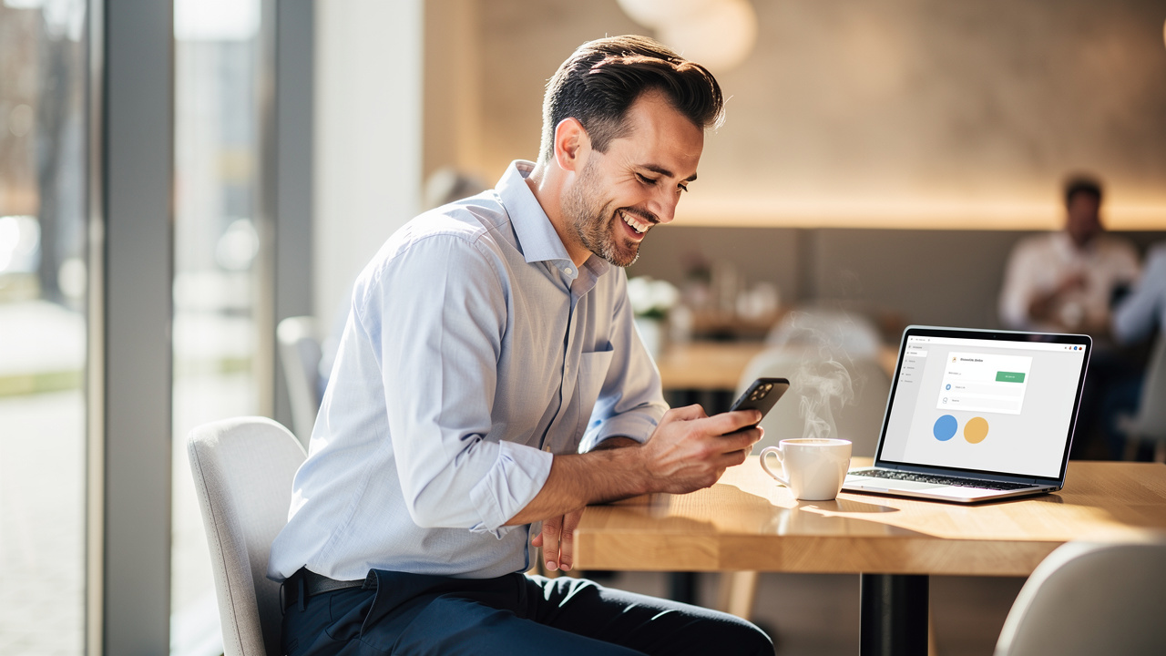 Un bărbat stă la masa unei cafenele, z&acirc;mbind la smartphone-ul său, cu o ceașcă de cafea și un laptop deschis care afișează diagrame și un certificat constatator punct de lucru &icirc;n fața lui.