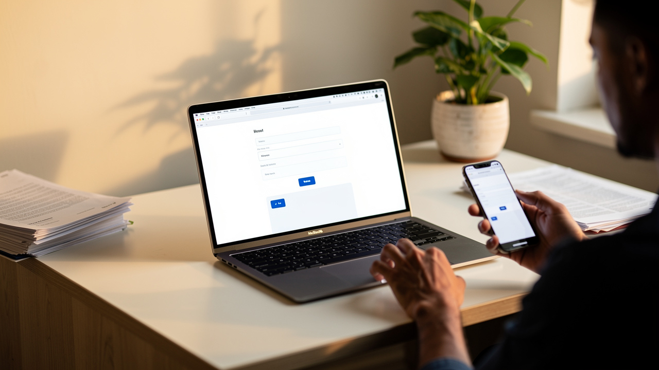 O persoană stă la un birou folosind un laptop și țin&acirc;nd &icirc;n m&acirc;nă un smartphone, ambele afiș&acirc;nd un certificat constatator punct de lucru login sau o pagină de formular; pe birou sunt h&acirc;rtii și o plantă &icirc;n ghiveci.