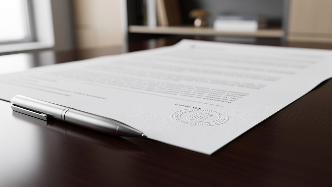 Prim plan al unui certificat constatator semnat, aflat pe un birou, alături de care se află un stilou argintiu, cu un sigiliu &icirc;n relief &icirc;n colțul din dreapta jos, indic&acirc;nd autorizarea punctului de lucru.