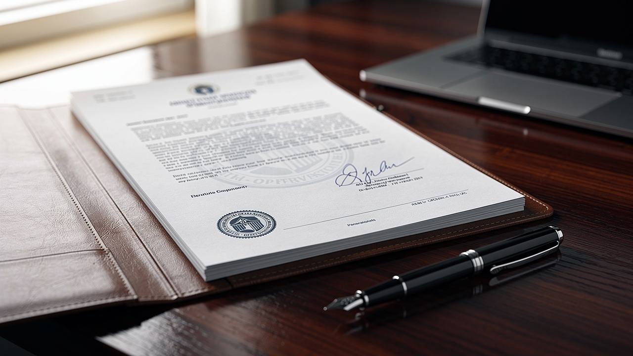 Un certificat constatator semnat pe h&acirc;rtie cu antet oficial se află pe un birou din lemn, l&acirc;ngă un dosar din piele deschis, un stilou și un laptop.