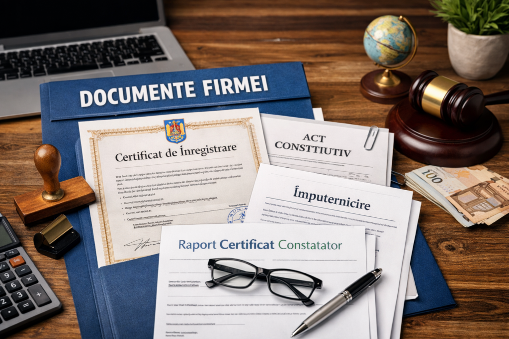 Diverse documente oficiale de firmă rom&acirc;nești, inclusiv certificate, contracte și formulare, sunt pregătite și &icirc;mprăștiate pe un birou cu un laptop, ciocan, bani, calculator, blocnotes și ochelari.