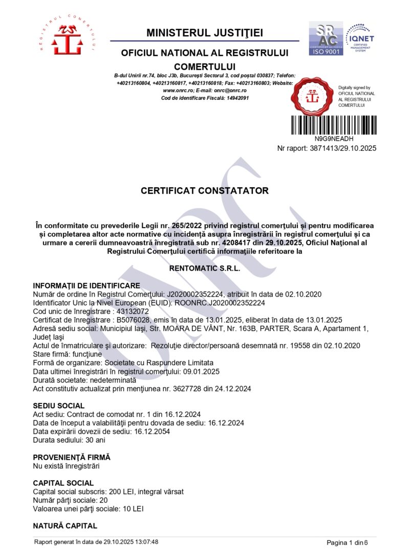 Certificat Constatator Gratuit în limba română de la Oficiul Național al Registrului Comerțului, detaliind informații despre RENTOMATIC S.R.L.: data de înregistrare, cod obiect și identitatea administratorului.