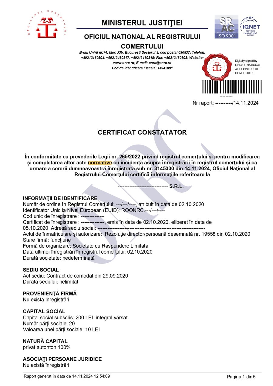 Model de certificat constatator emis de ONRC &mdash; document oficial cu semnătură electronică și cod unic de verificare